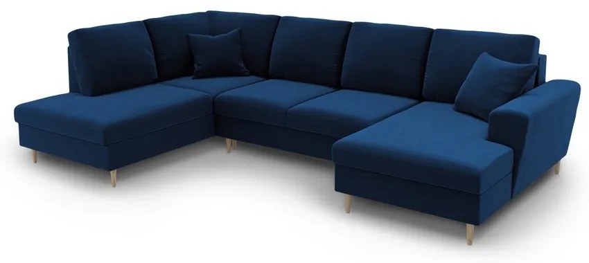 Син кадифен разтегателен ъглов диван с място за съхранение (ляв ъгъл/U форма) Kyoto – Cosmopolitan Design