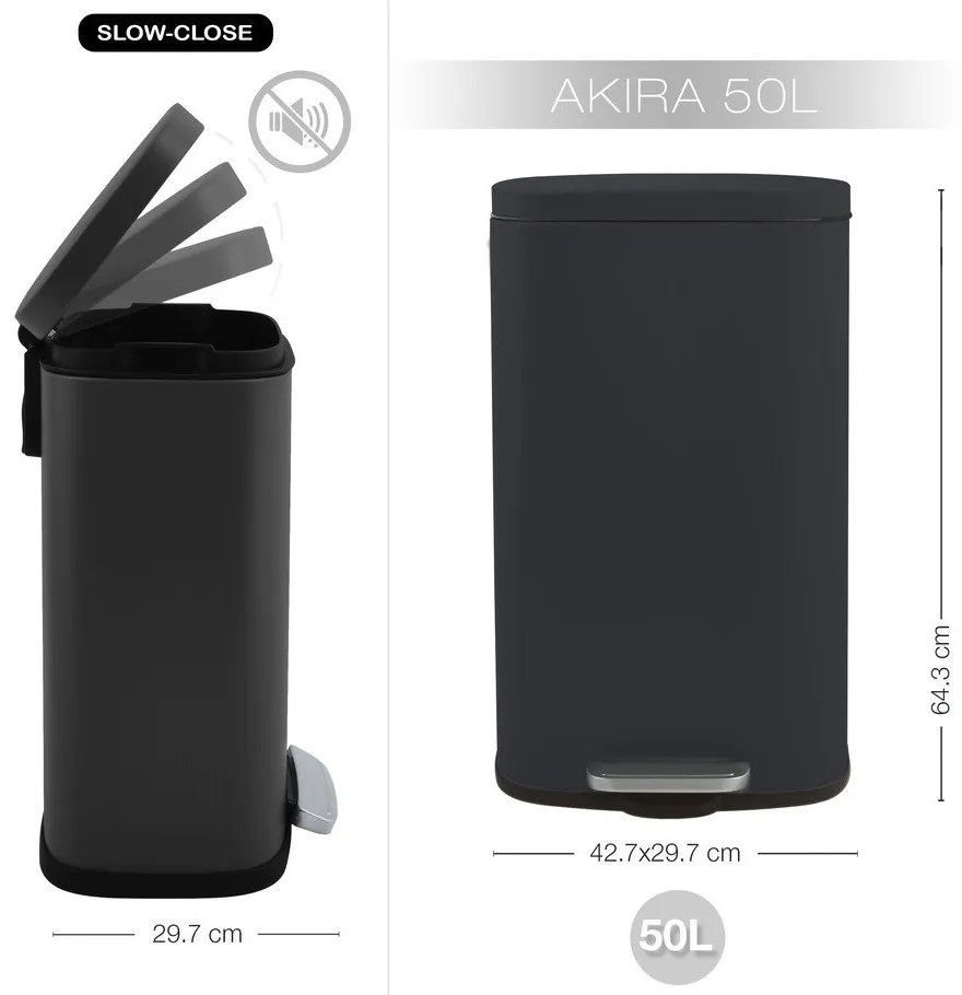 Матово черно стоманено кошче за боклук с педал 50 l Akira – Spirella