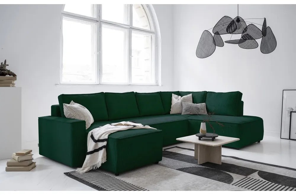 Тъмнозелен разтегателен ъглов диван от рипсено кадифе (десен ъгъл/"U" форма) Brave Dave – Miuform