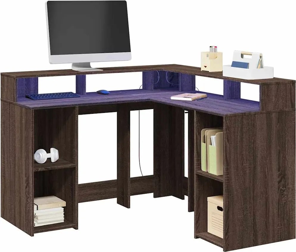 3309453 vidaXL Бюро с LED осветление, Кафяв дъб, 130x130x91см, инженерно дърво