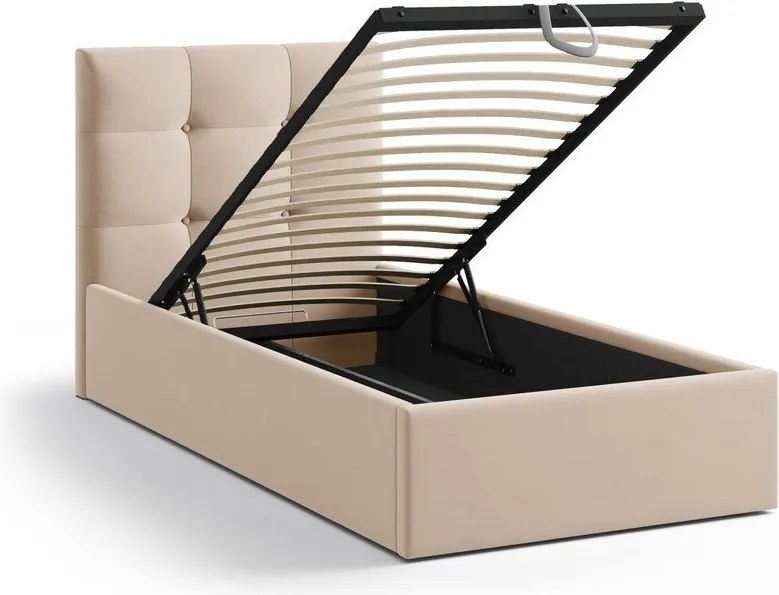 Светлокафяво единично легло 90x200 cm тапицирано с място за съхранение с включена подматрачна рамка Phaedra – Micadoni