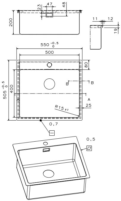 Мивка Fortinox Squadro Plus II-Дължина: 55 см.