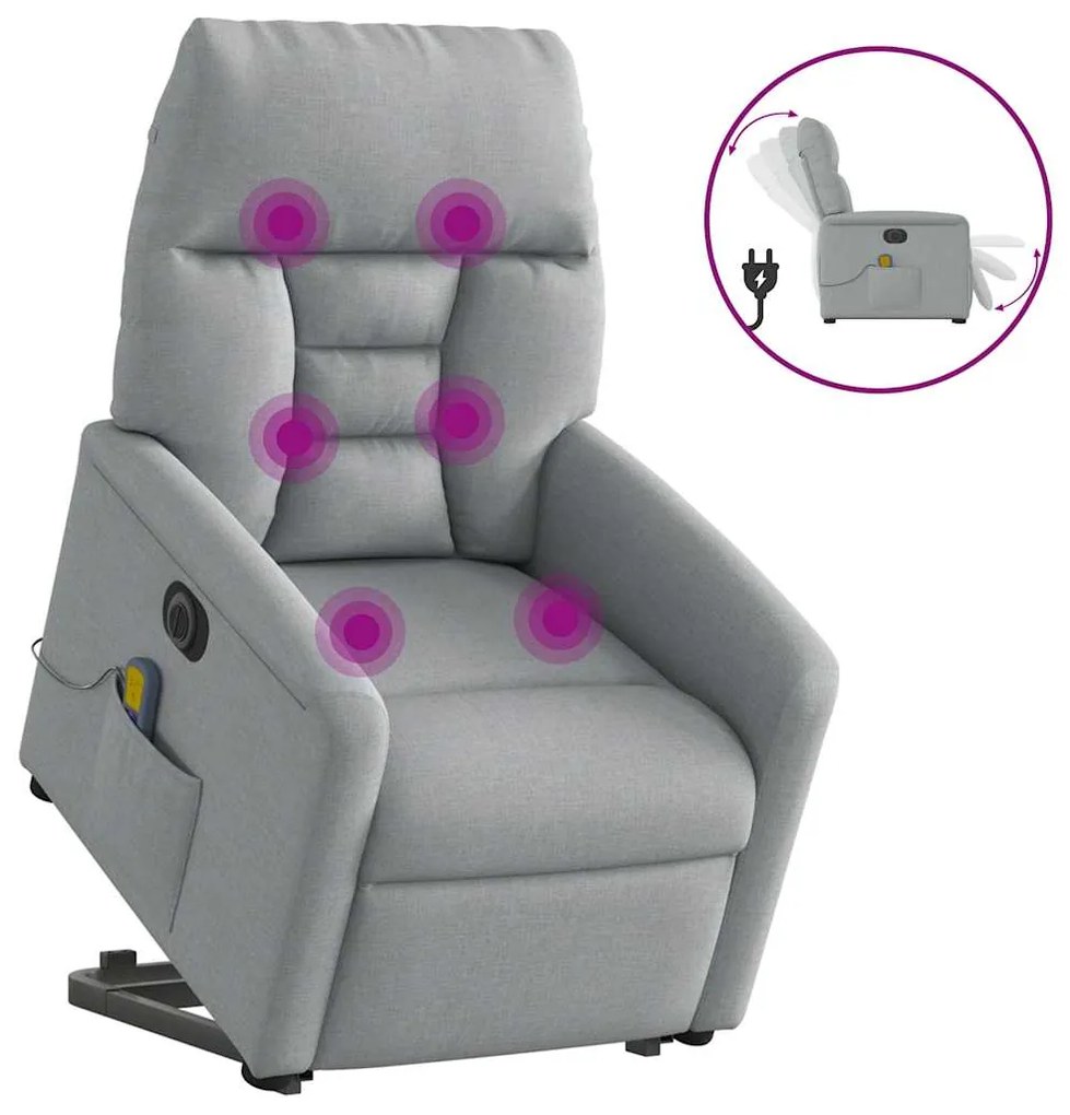 3303062 vidaXL Електрически изправящ масажен реклайнер стол светлосив текстил