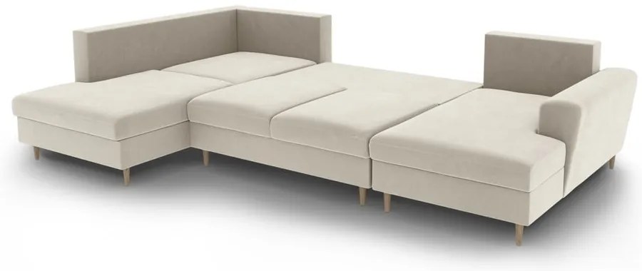 Бежов кадифен разтегателен ъглов диван с място за съхранение (ляв ъгъл/U форма) Kyoto – Cosmopolitan Design