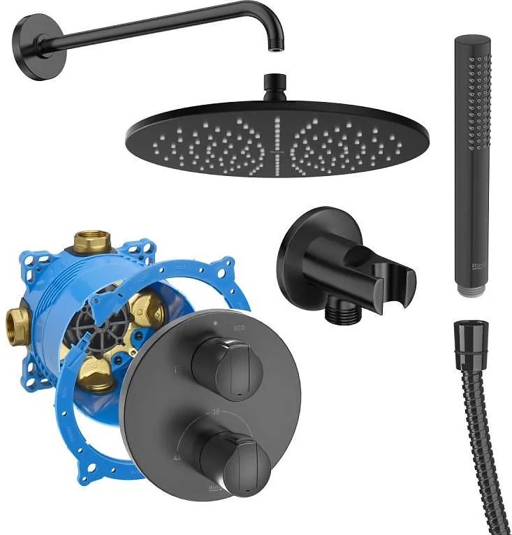 Комплект за вграждане за баня, RocaBox + термостатен смесител T-1000, душ глава със стенно рамо, ръчен душ с шлаух, стенно коляно с държач, черен мат