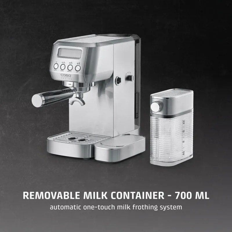 Еспресо машина Caso Gourmet Latte, 1350W, 20 bar, 1.3 л, ULKA, 6 програми, Предварително запарване, Портафилтър, ESE, Инокс