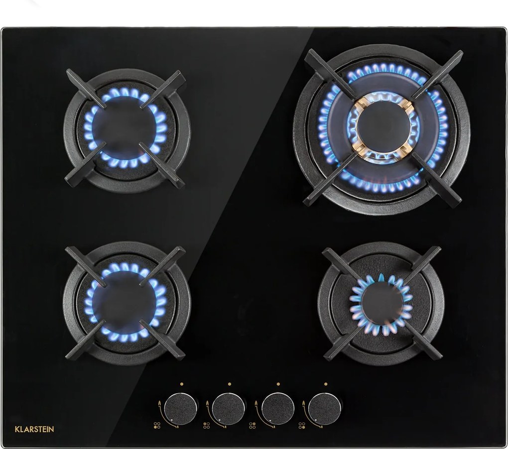 Klarstein Goldflame 4, газов котлон, 4 месингови горелки, стъклокерамика, черен