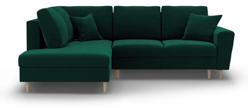 Зелен кадифен разтегателен ъглов диван с място за съхранение (ляв ъгъл/L форма) Kyoto – Cosmopolitan Design