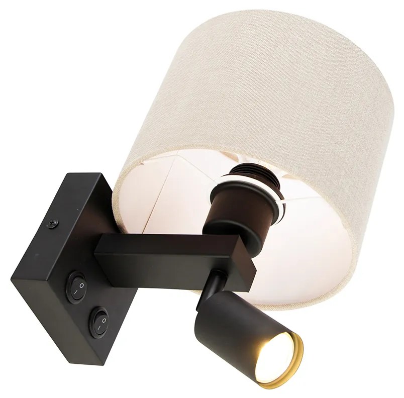 Стенна лампа черна с лампа за четене и абажур 18 см светло кафяв - Brescia