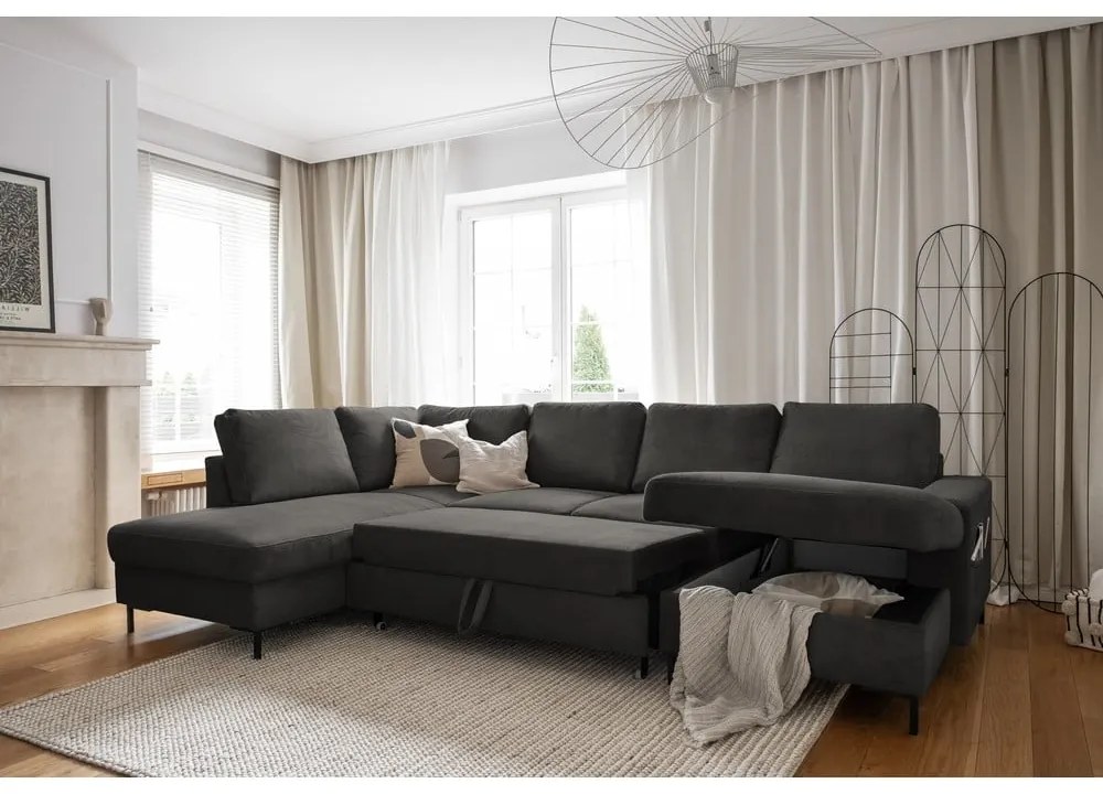 Тъмносив разтегателен ъглов диван от рипсено кадифе (ляв ъгъл) Lofty Lilly – Miuform