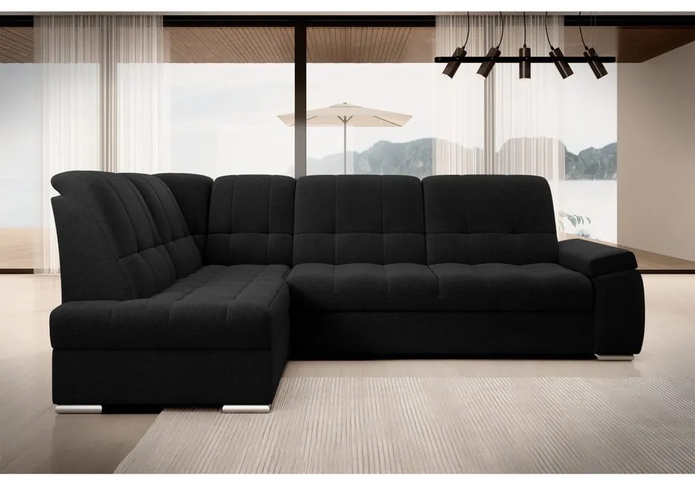 Черен разтегателен ъглов диван с място за съхранение (ляв ъгъл L форма) Sado – ELTAP