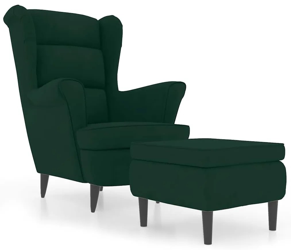 3115933 vidaXL Фотьойл Wingback с табуретка, тъмнозелена, кадифе