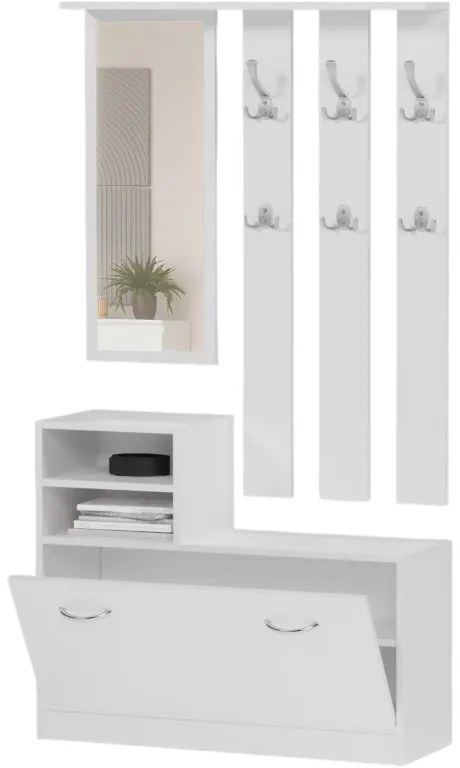 Практичен гардероб за антре с огледало и поставка за обувки 90 x 160 cm Бял