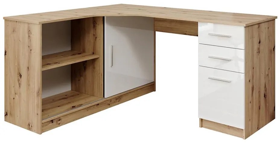 Писмено бюро ROBERTO с рафт и чекмеджета – ляво изпълнение, артизански дъб/бяло