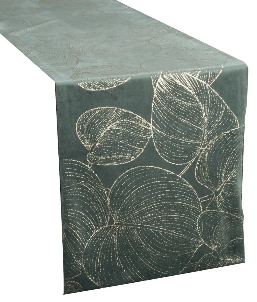 Кадифена централна покривка с лъскава щампа на листа в цвят мента Широчина: 35 см | Дължина: 220 см