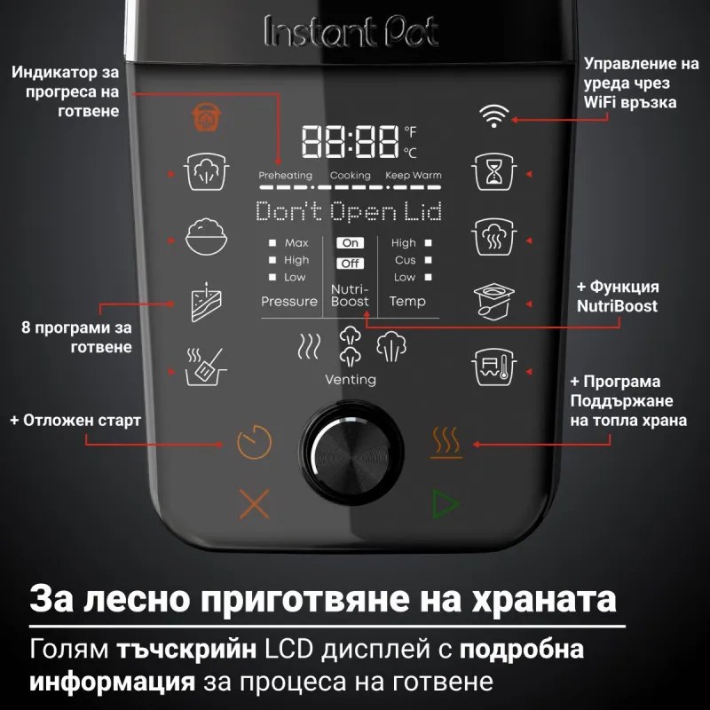 Мултикукър Instant Pot Pro Max, 1200W, 5.7 л, 105 kP, 10 програми, Nutriboost, WiFi, LCD дисплей, Неръждаема стомана, Бял/матов