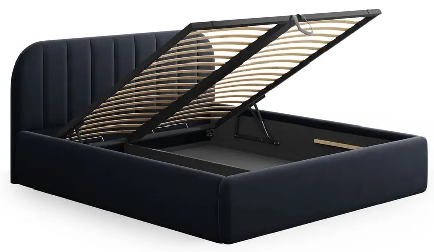 Тъмносиньо двойно легло 160x200 cm тапицирано с място за съхранение с включена подматрачна рамка Juno – Windsor &amp; Co Sofas
