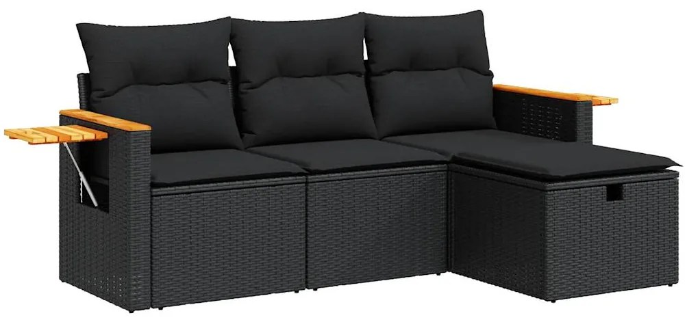 3325947 vidaXL Градински диван от 4 части с възглавници, черен, полиратан