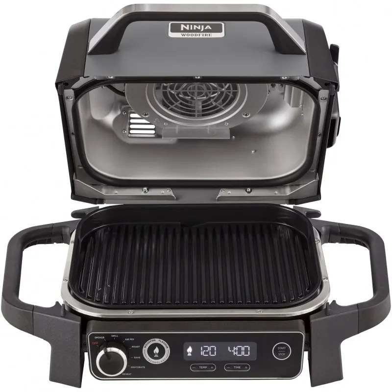 Електрическа скара опушвач Ninja OG701EU, 2400W, До 260C, Вътрепно аминово керамично покритие, Woodfire, Сив