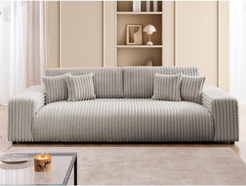 Светлосив разтегателен диван с място за съхранение от рипсено кадифе 260 cm Justin – Ropez