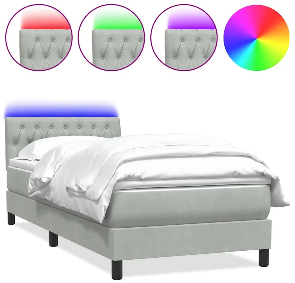 3317193 vidaXL Боксспринг легло с матрак и LED, светлосиво, 80x220 см, кадифе