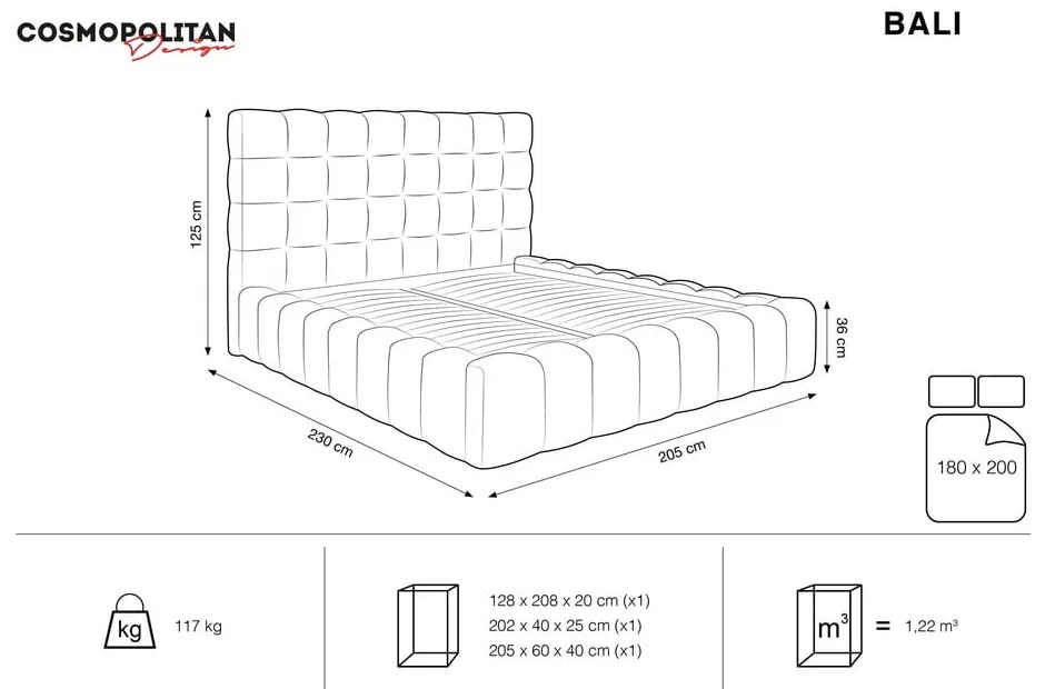 Сиво тапицирано двойно легло с място за съхранение и решетка 180x200 cm Bali - Cosmopolitan Design