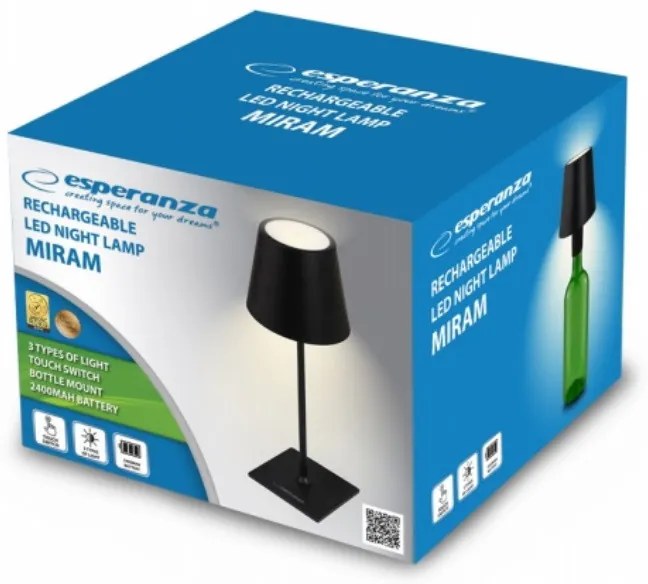 Лампа за бюро Esperanza Miram ELD119K, 3W, 300 lm, LED, 2400 mAh, USB, 3 режима, Черен