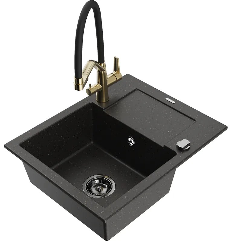 Mexen Enzo гранитна мивка с 1 отделение с отцедник и кухненски смесител Duo, черен/златен металик - 6506-75-671701-57-B