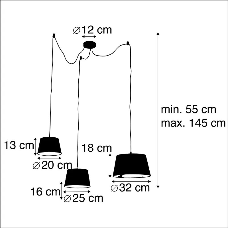 Висяща лампа с 3 черни и златни памучни абажура - Cava