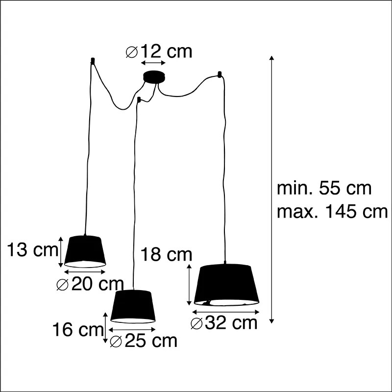 Висяща лампа с 3 памучни сенки черни със злато - Cava