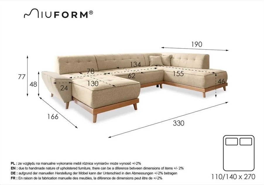Светлосив U-образен разтегателен диван, десен ъгъл Dazzling Daisy - Miuform