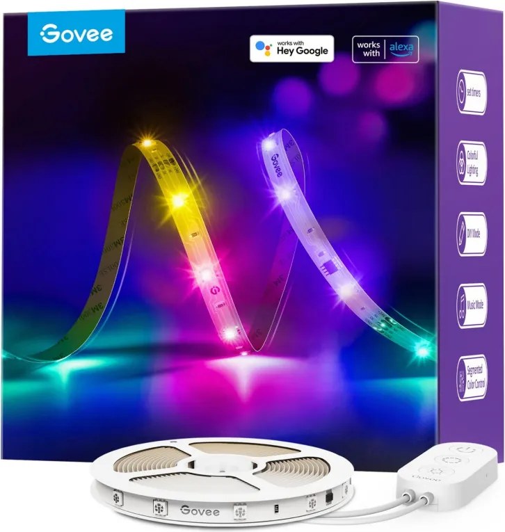Smart LED лента Govee RGBIC H618A3D1, 12W, 5 м, 90 LED, Wi-Fi, Bluetooth, Alexa, Гласово и мобилно управление, Бял