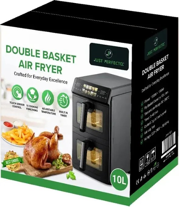 Двоен фритюрник с горещ въздух Just Perfecto JP-AF10DB, 2600 W, 10 л, 10 програми, 80-200 C, Rapid Hot Air Circulation, Синхронизирано готвене, Черен