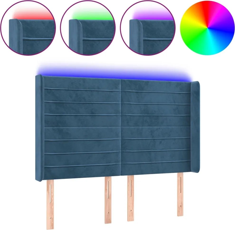 3124240 vidaXL LED горна табла за легло, тъмносиня, 147x16x118/128 см, кадифе