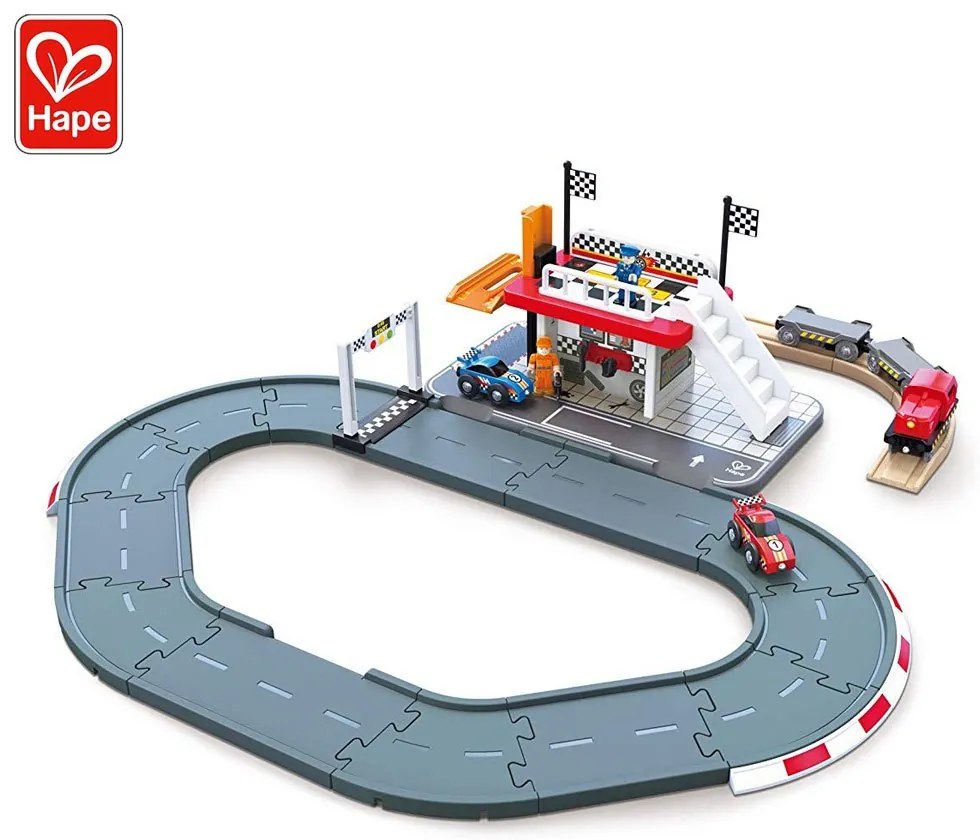 Hape - Състезателна писта с 2 колички и влакче автовоз H3734