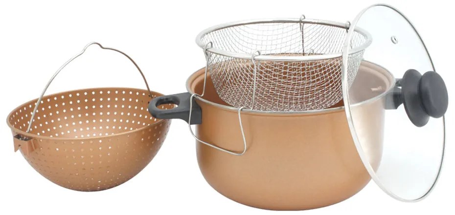 Тенджера с гевгир и кошница SAPIR SP 1213 P, 4 литра, 24х12.5 см, Незалепващо покритие, Меден цвят
