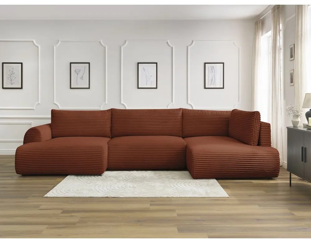 Разтегателен ъглов диван от рипсено кадифе в тухлен цвят (ляв ъгъл/"U" форма) Lucien – Bobochic Paris