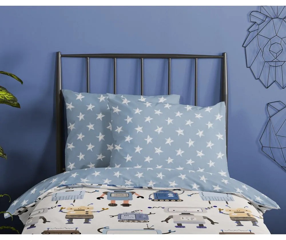 Синьо -бежово единично памучно детско спално бельо 140x200 cm Robo – Good Morning