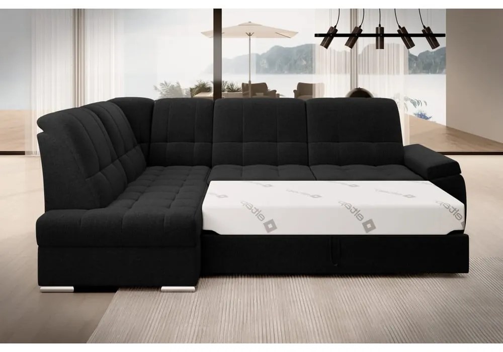 Черен разтегателен ъглов диван с място за съхранение (ляв ъгъл L форма) Sado – ELTAP