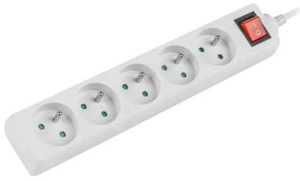 Разклонител LANBERG, 2.500W, 1.5 метра, 5 контакта, Защита от деца, Светлинен индикатор, ON/OFF бутон, Бял