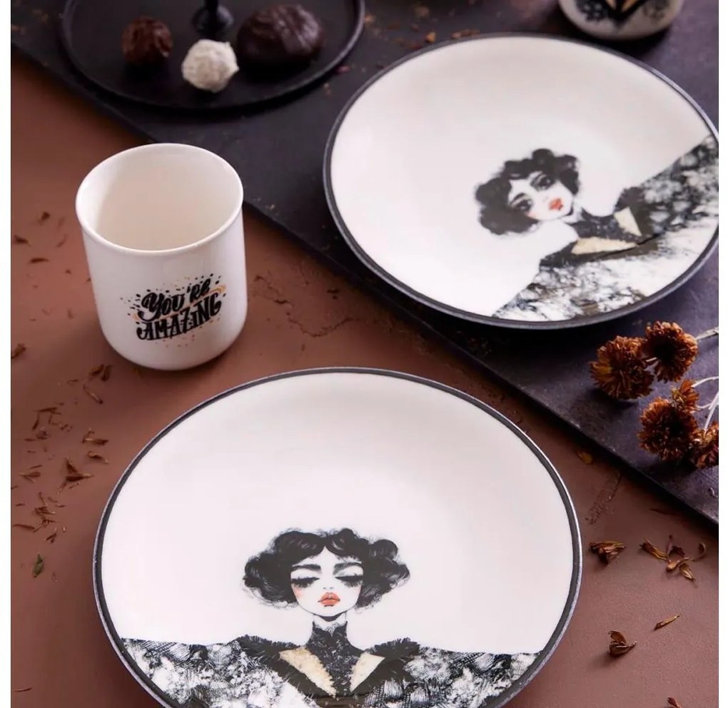 Комплект за хранене 4 части черно/бяло/порцелан