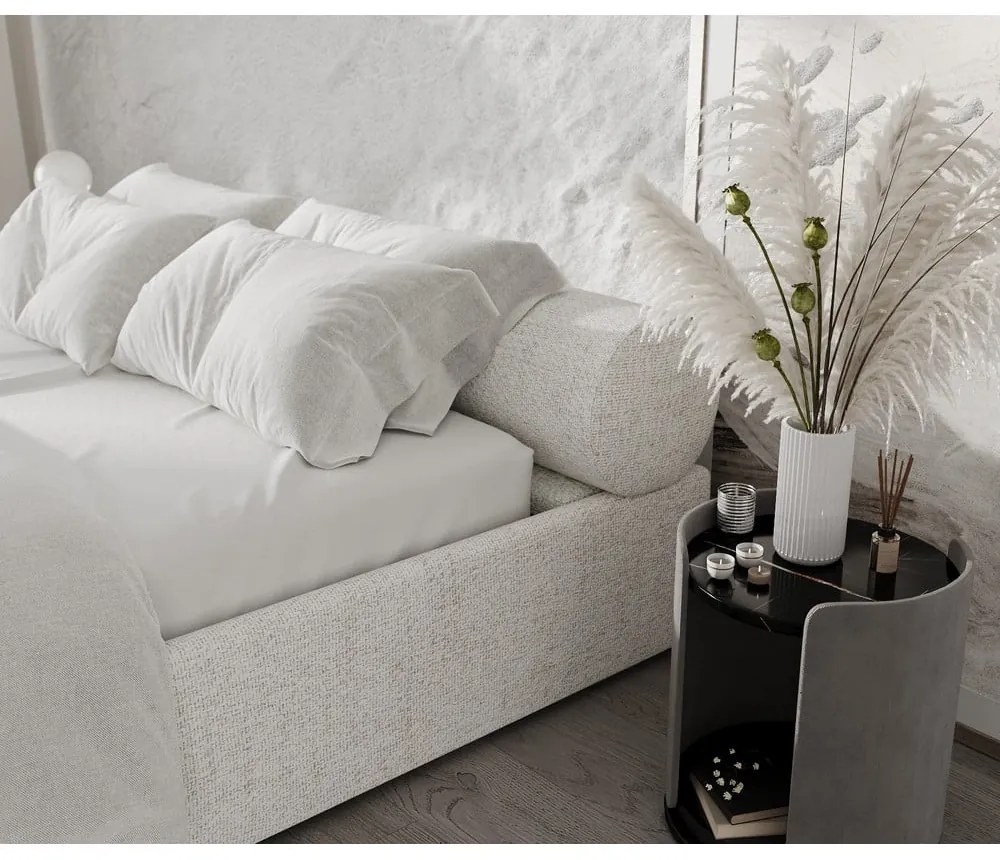 Кремаво двойно легло 200x200 cm тапицирано с място за съхранение с включена подматрачна рамка Solvo – Maison de Rêve