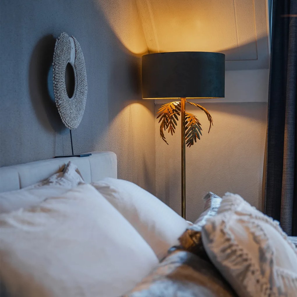 Винтидж подова лампа златиста 145 см с кафяв кадифен абажур 50 см - Botanica