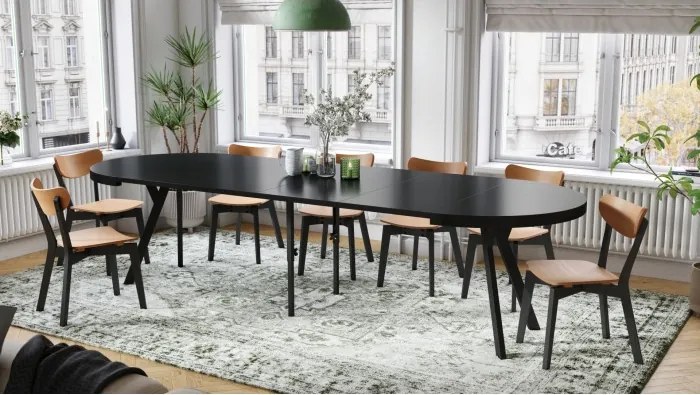 ЕКСПАНСО Черен мат/черни крака - ГОЛЯМА КРЪГЛА МАСА Ø110 РАЗТЕГАТЕЛНА ДО 310 cm С КРАКА Y ЛОФТ/ИНДУСТРИАЛНА