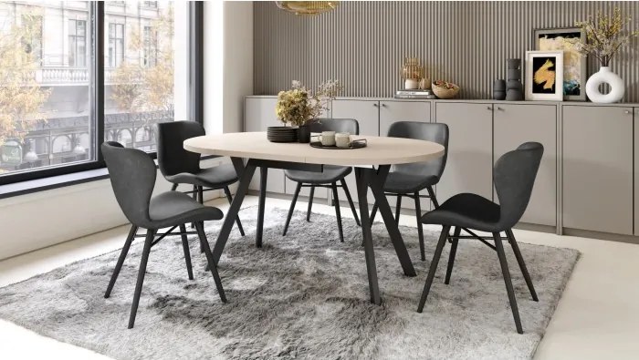 АЛMО Бежово/черни крака - КРЪГЛА РАЗТЕГАТЕЛНА МАСА С Y-ОБРАЗНИ КРАКА В ЛОФТ/ИНДУСТРИАЛЕН СТИЛ ЗА ХОЛ ИЛИ ТРАПЕЗАРИЯ