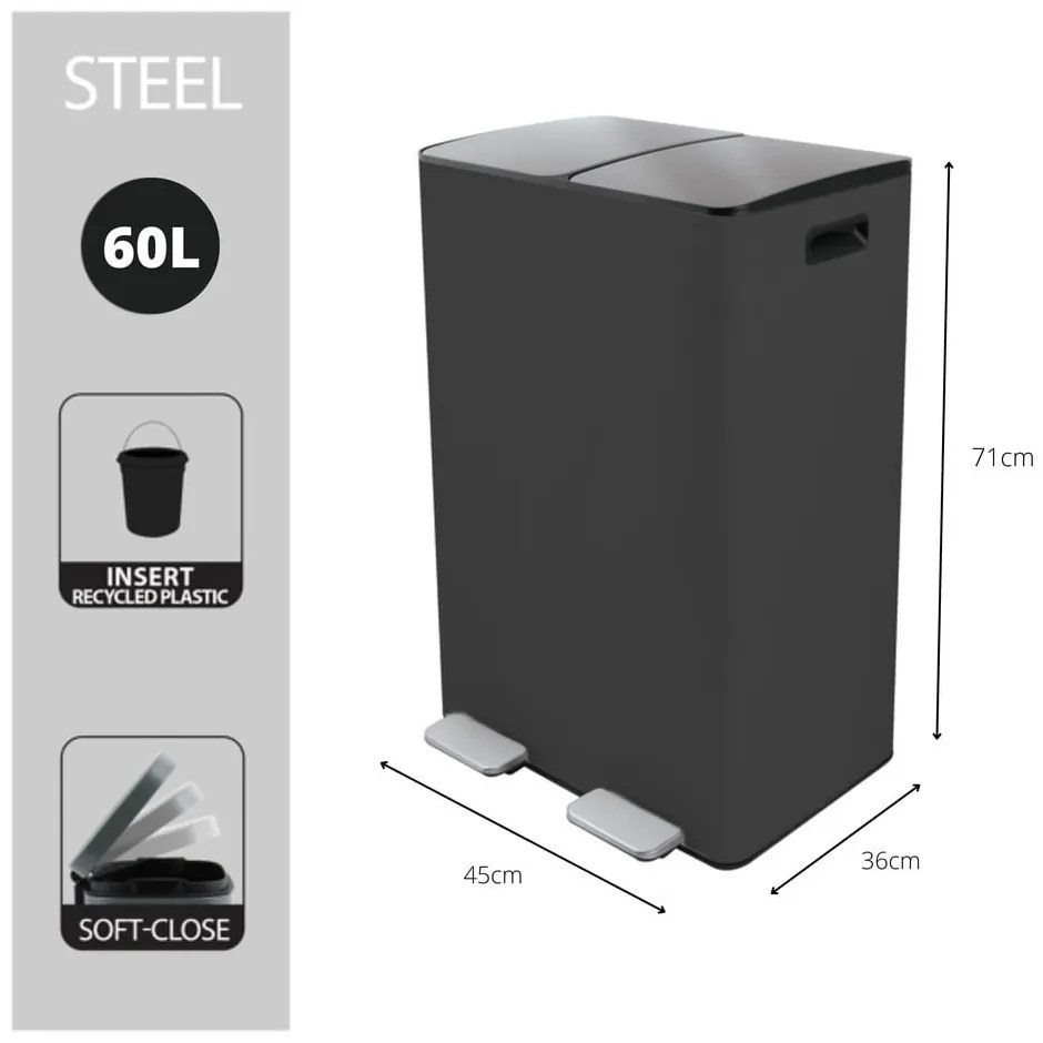 Тъмносиво стоманено кошче за боклук 2x30 l за рециклиране с педал Aliya – Spirella