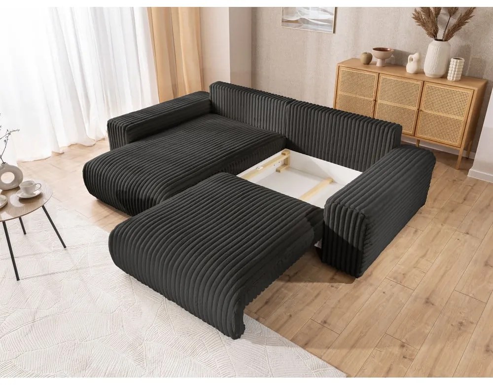 Тъмносив разтегателен ъглов диван от рипсено кадифе с място за съхранение (ляв ъгъл) Sarina – Ropez