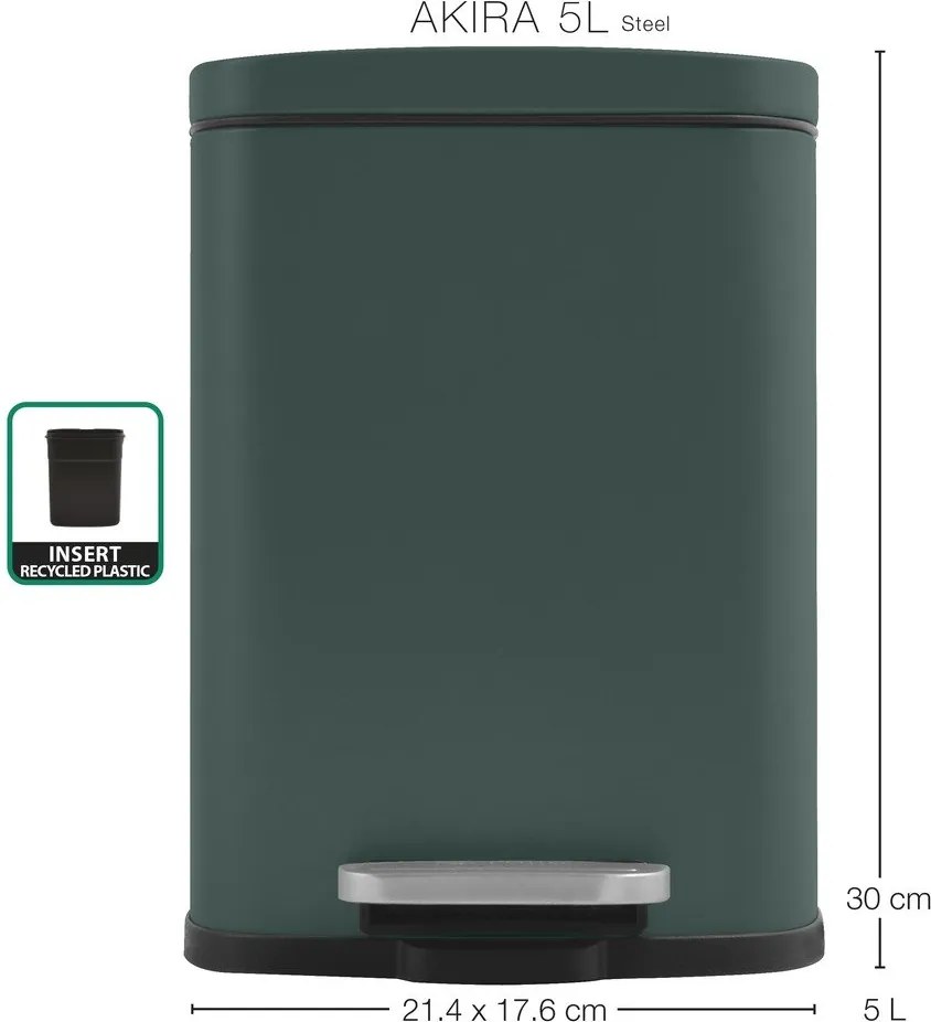 Тъмнозелено стоманено кошче за боклук с педал 5 l Akira – Spirella
