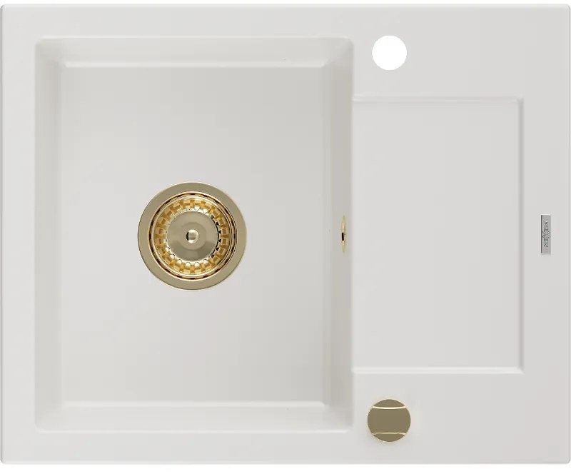 Mexen Enzo гранитна мивка 1-компартмент с плот за отцеждане 576 x 465 mm, бял, златен сифон - 6506571005-20-G