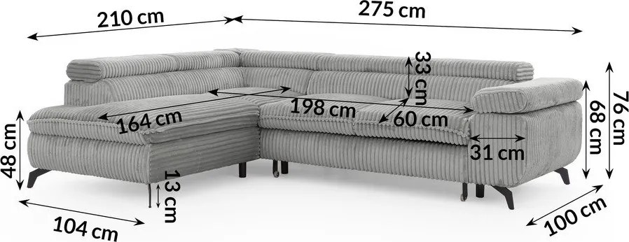 Светлосив ъглов диван от рипсено кадифе (ляв ъгъл L форма) Marbeya – Ropez